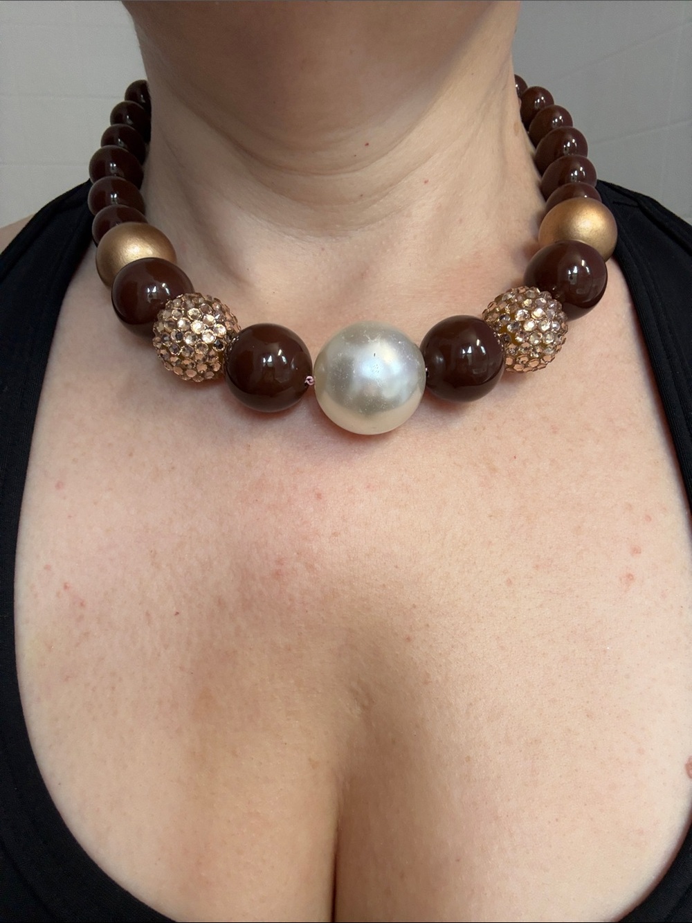 Elegant Hand-Crafted Brown Beaded Statement Necklace with Pearl Accent